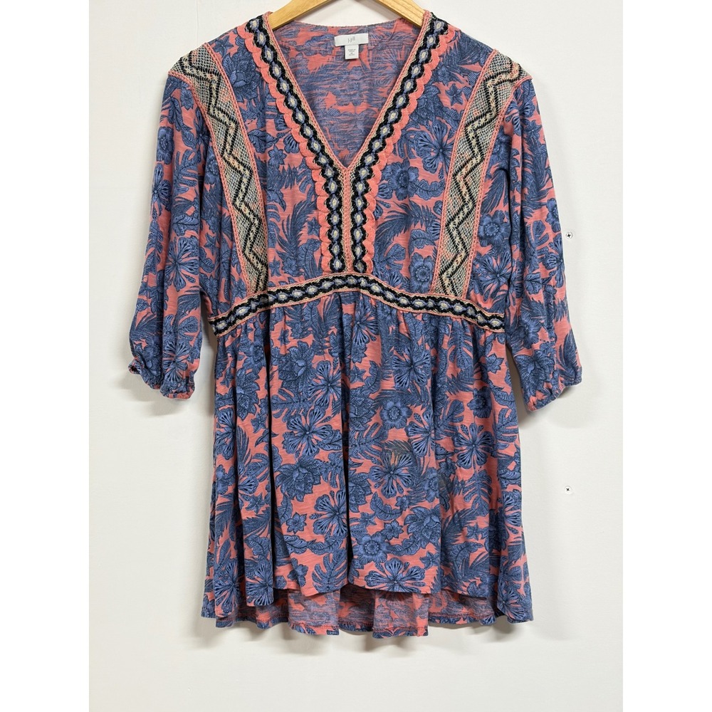 J. Jill Tropical Floral Empire Waist V-Neck Top Coral Blue Medium Petite